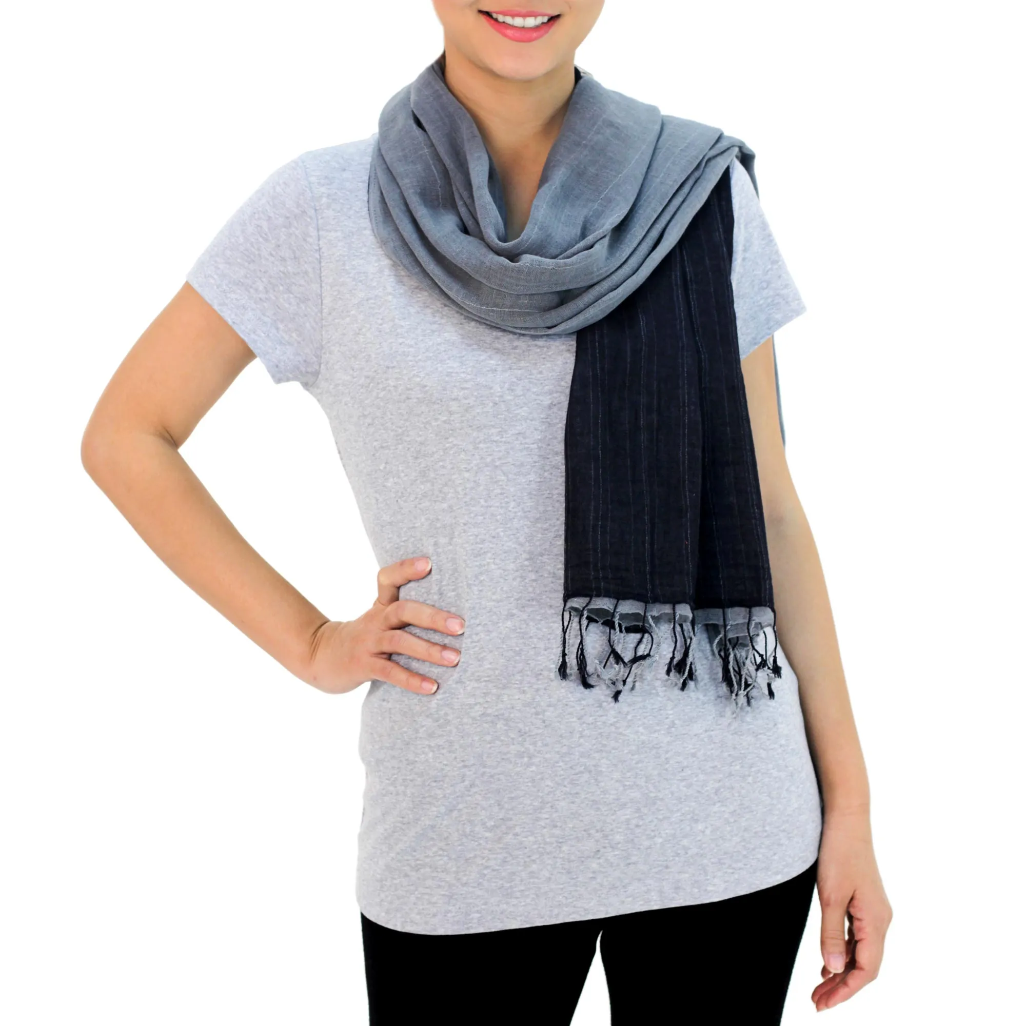 Thai Grey and Black Cotton Scarf - Grey and Black Duo | NOVICA