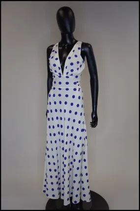 Vintage 1980s Blue Polka Dot Bias Cut Dress