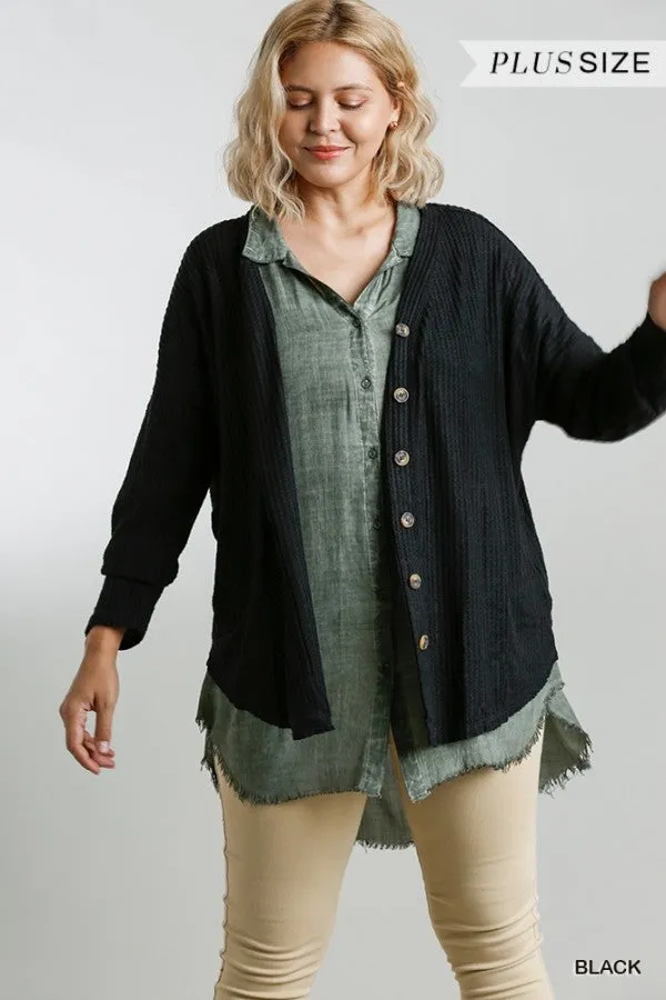 Waffle Knit Cardigan, Black