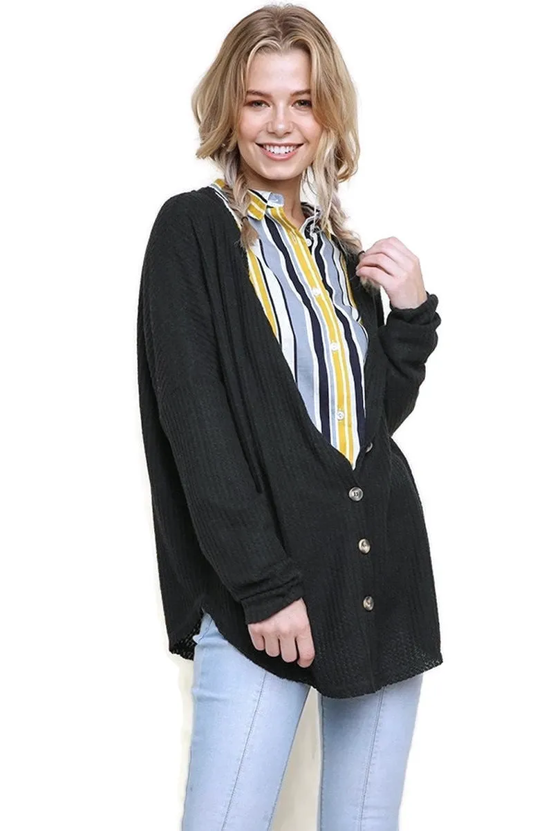 Waffle Knit Cardigan, Black