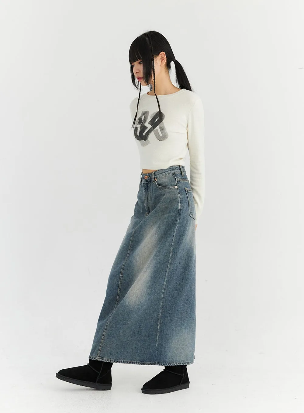 Washed Maxi Denim Skirt CN306