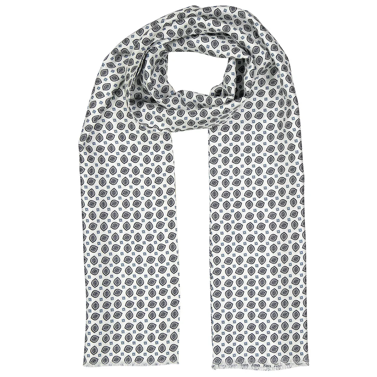 White tubular scarf in pure silk with classic blue pattern