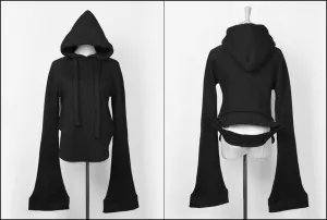 Women Dark Black Overlong Extra Long Sleeves Asymmetric Cut Women Hoodie Top Swearshirt