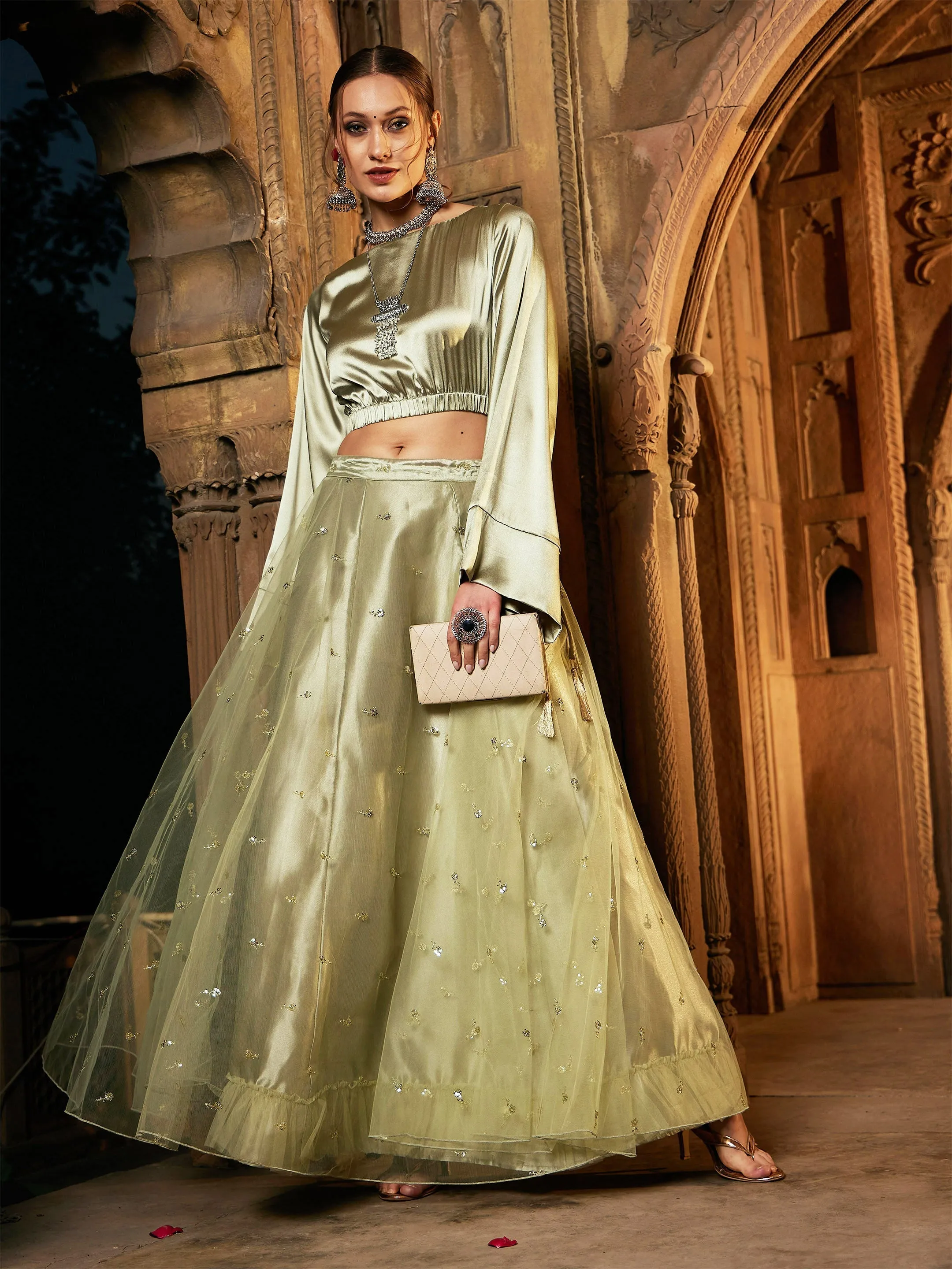 Women Olive Tulle Sequin Anarkali Skirt