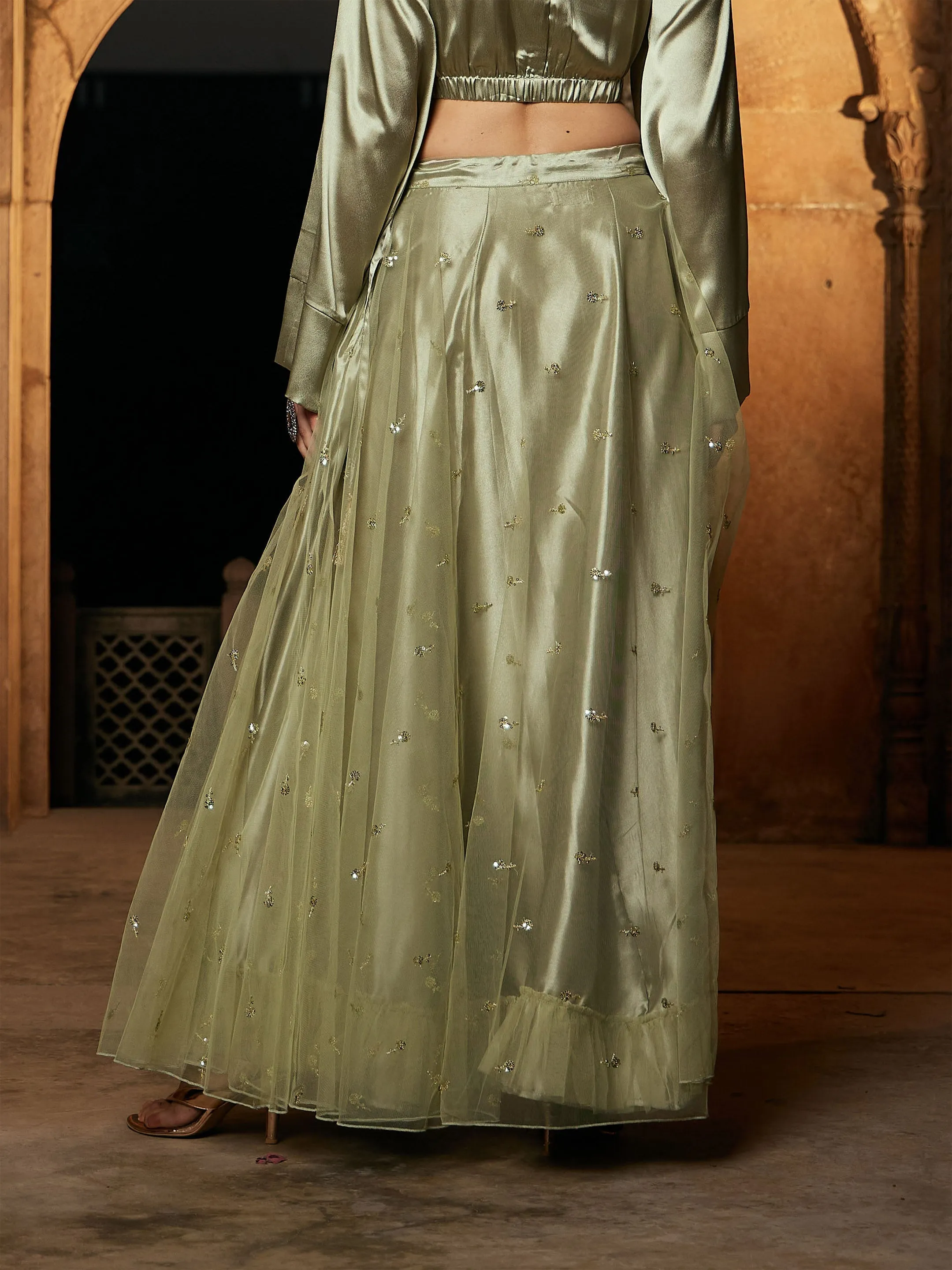 Women Olive Tulle Sequin Anarkali Skirt