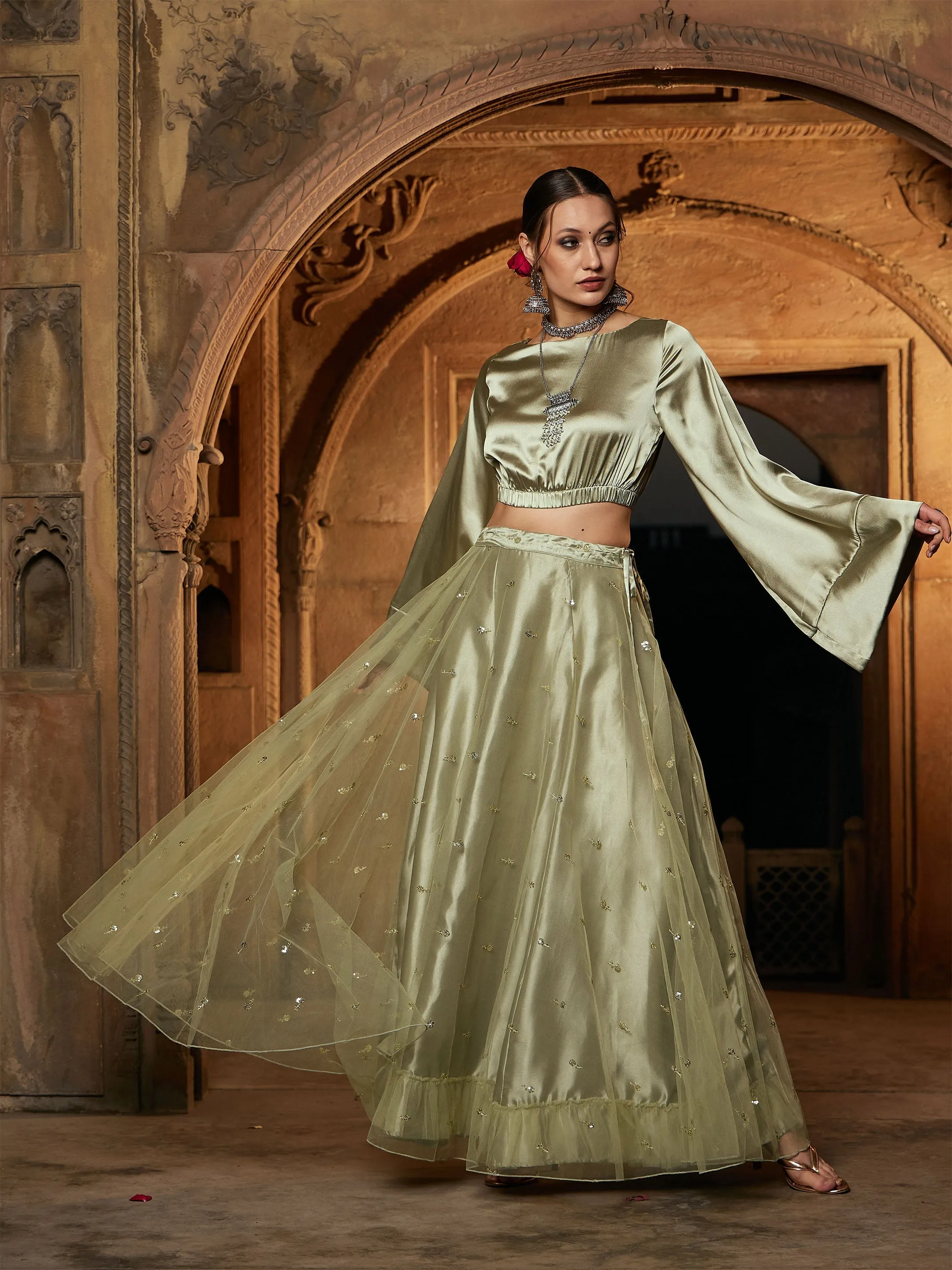 Women Olive Tulle Sequin Anarkali Skirt