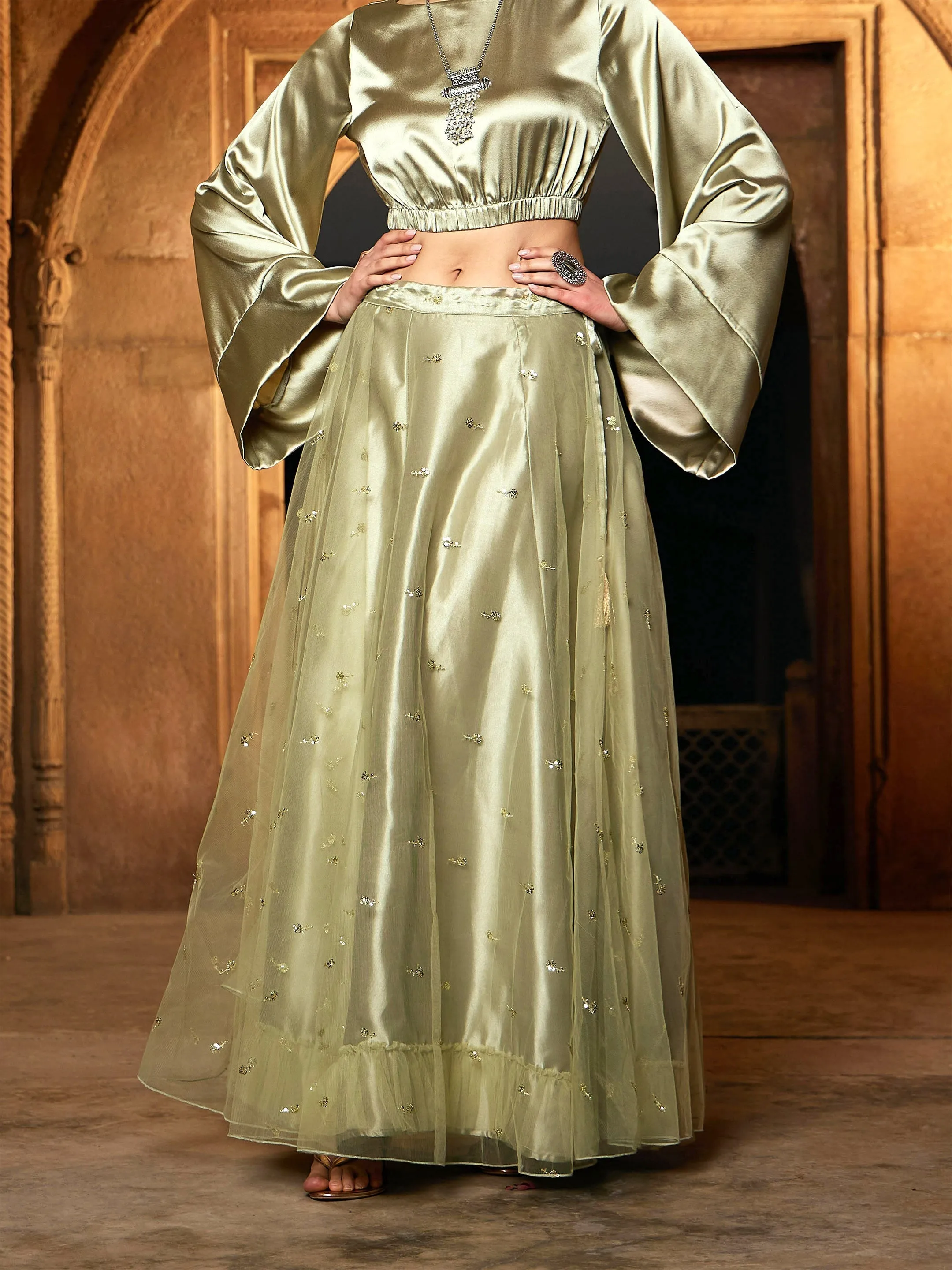 Women Olive Tulle Sequin Anarkali Skirt