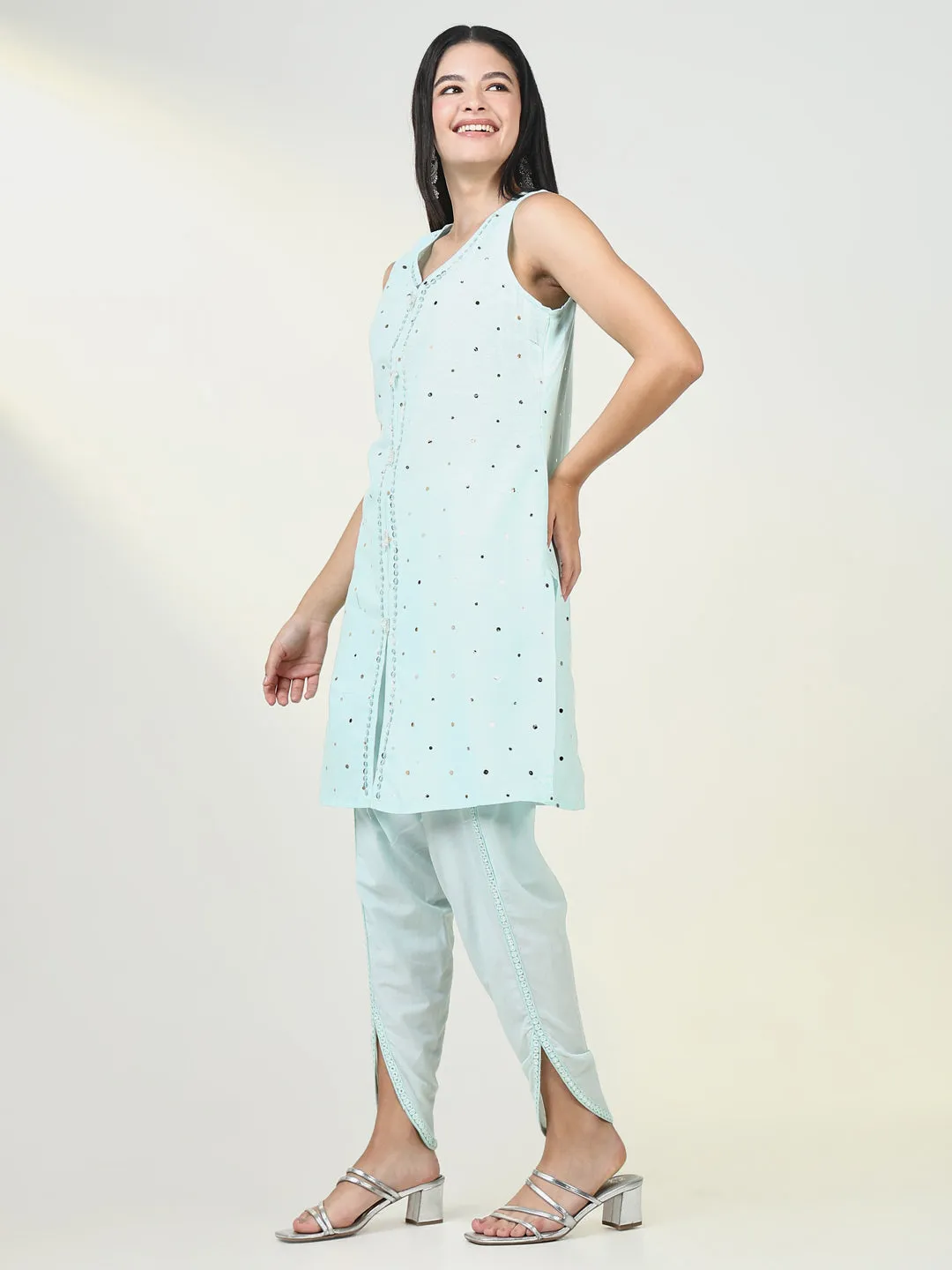 Women Solid Blue Kurta Set with Coat