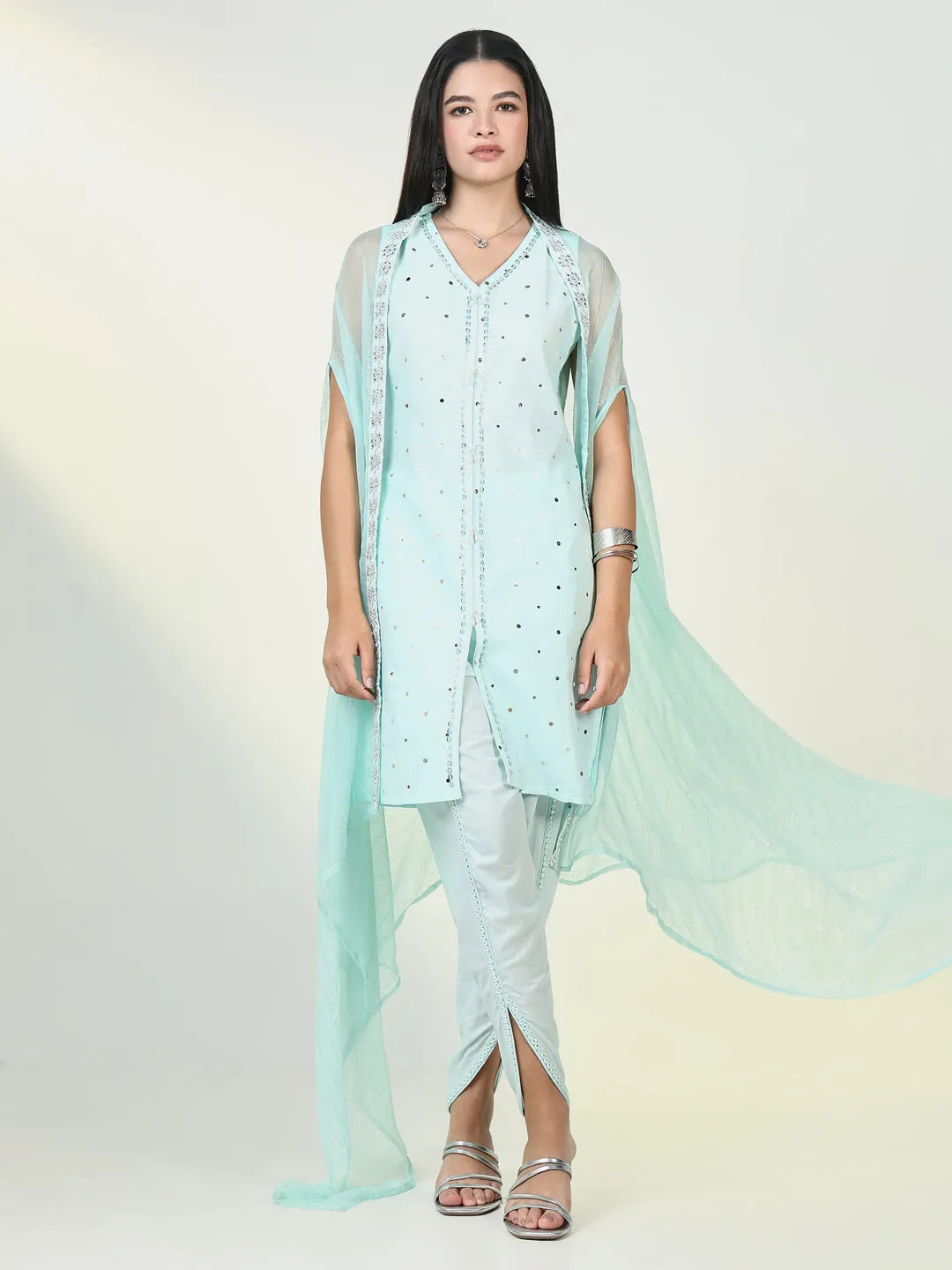 Women Solid Blue Kurta Set with Coat