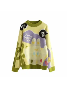 Women Sweaters Multicolor Cartoon Embroidery Knit Pullover Winter Thick Long Sleeve Korean Ladies Knitted Jumpers Sweater