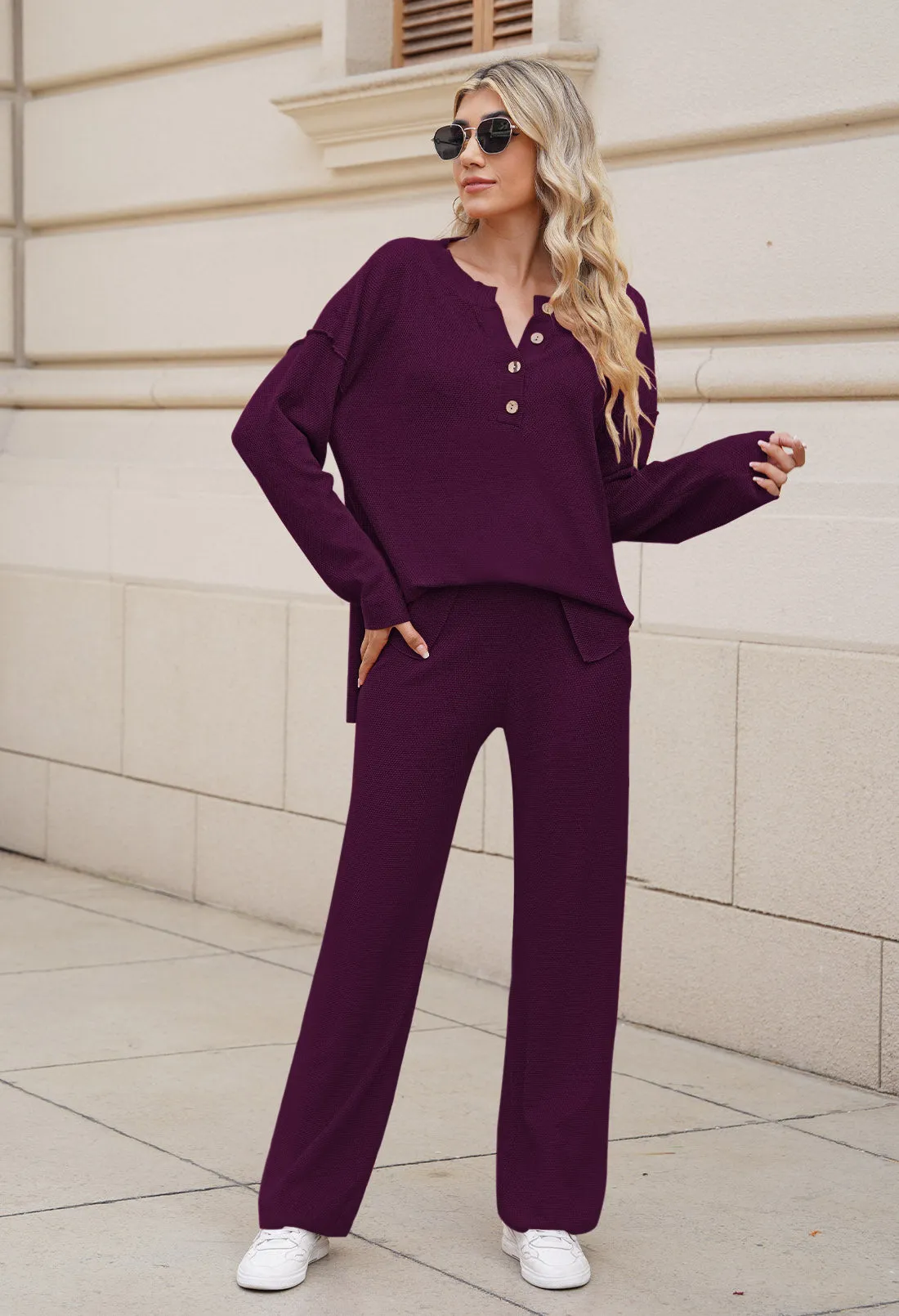 Women's 2 Piece Outfit Set Long Sleeve Button Pullover Sweater Top and Wide Leg Pants