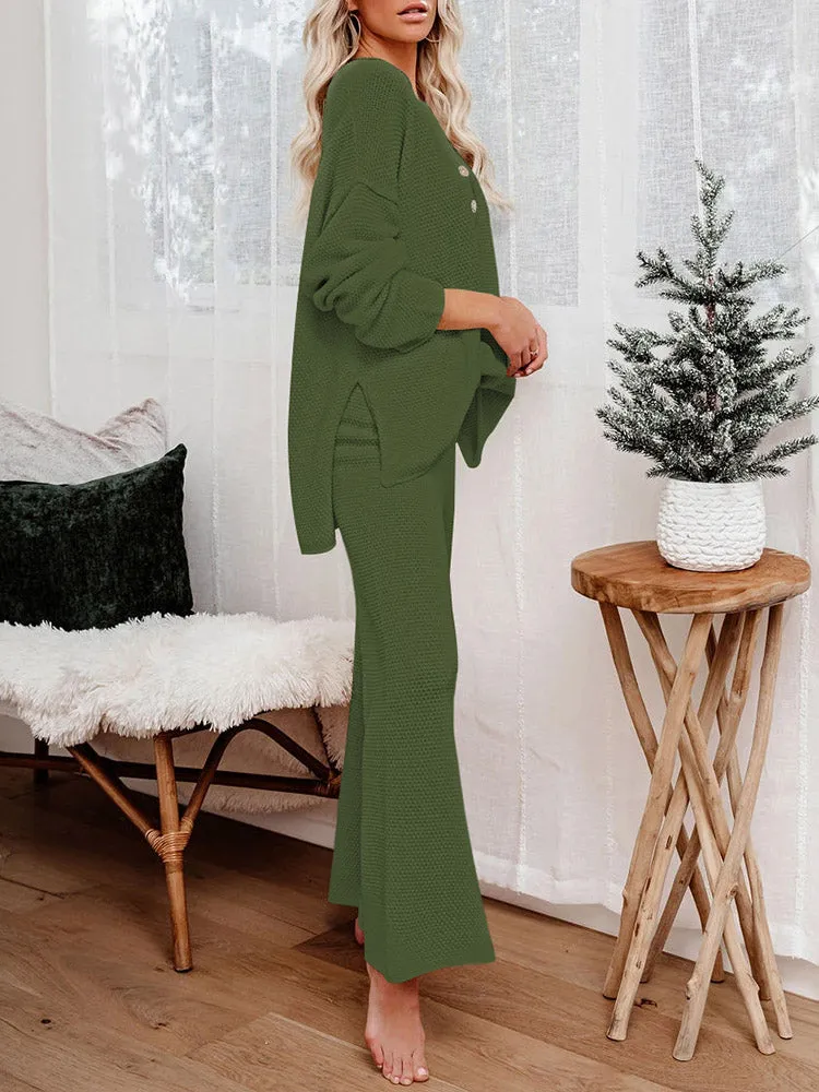 Women's 2 Piece Outfit Set Long Sleeve Button Pullover Sweater Top and Wide Leg Pants