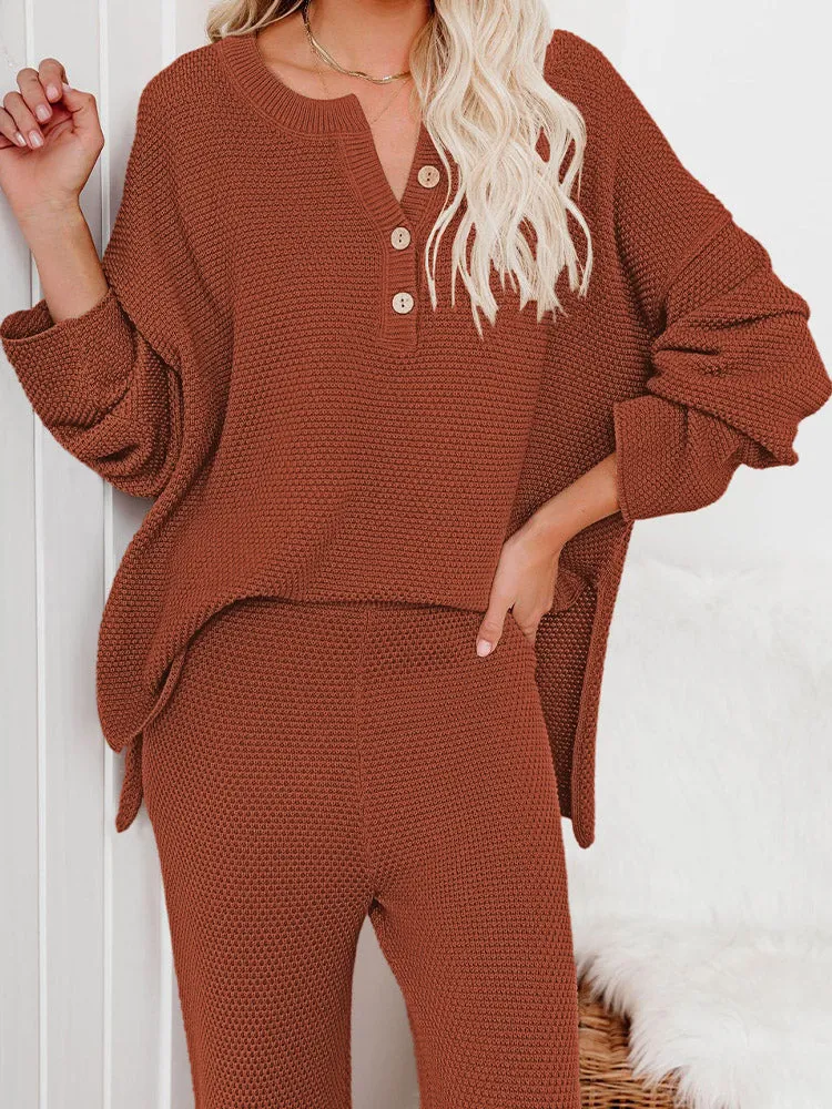 Women's 2 Piece Outfit Set Long Sleeve Button Pullover Sweater Top and Wide Leg Pants