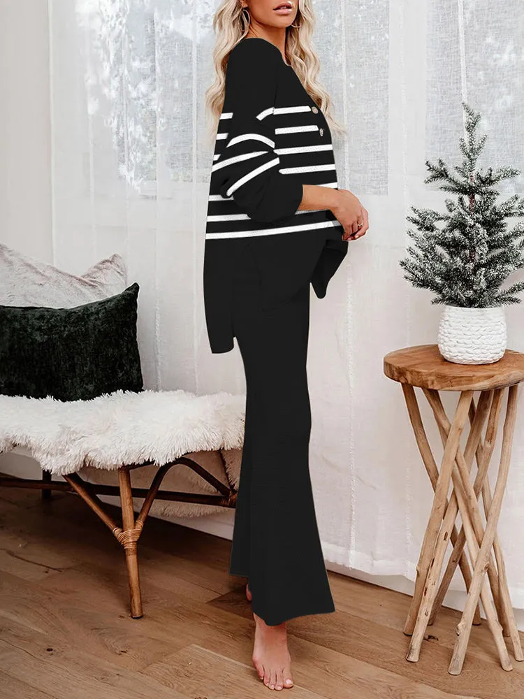 Women's 2 Piece Outfit Set Long Sleeve Button Pullover Sweater Top and Wide Leg Pants