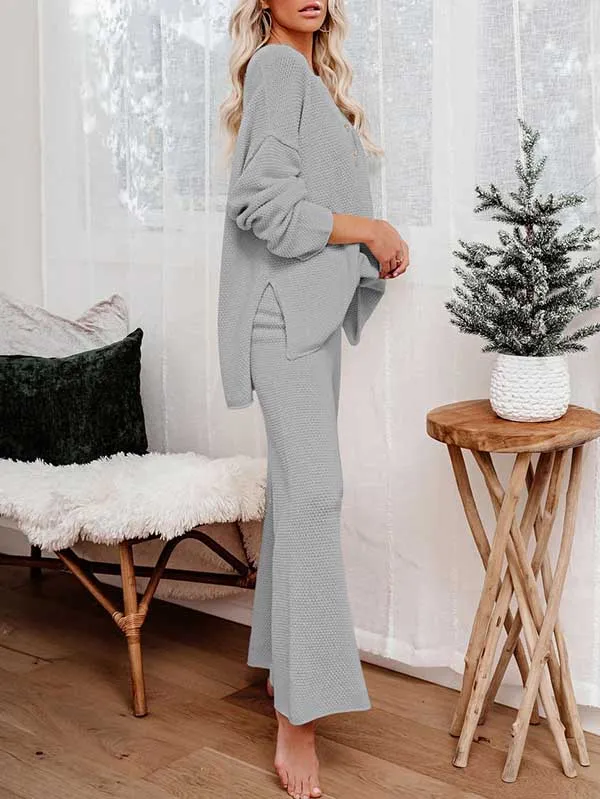 Women's 2 Piece Outfit Set Long Sleeve Button Pullover Sweater Top and Wide Leg Pants