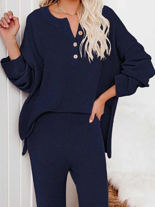 Women's 2 Piece Outfit Set Long Sleeve Button Pullover Sweater Top and Wide Leg Pants