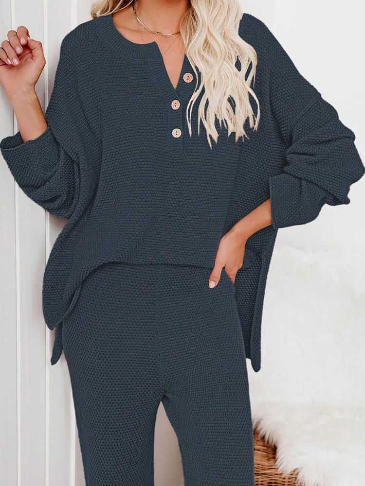 Women's 2 Piece Outfit Set Long Sleeve Button Pullover Sweater Top and Wide Leg Pants