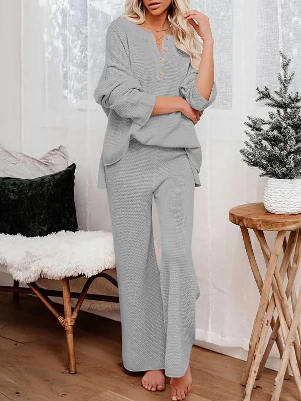 Women's 2 Piece Outfit Set Long Sleeve Button Pullover Sweater Top and Wide Leg Pants