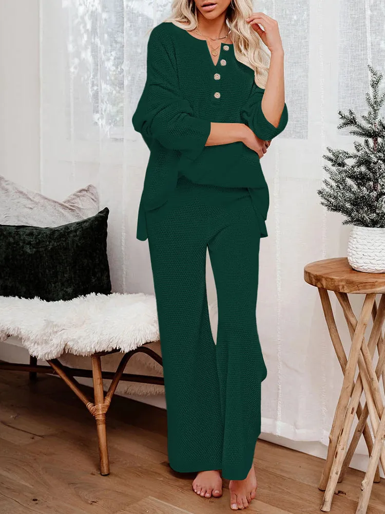 Women's 2 Piece Outfit Set Long Sleeve Button Pullover Sweater Top and Wide Leg Pants