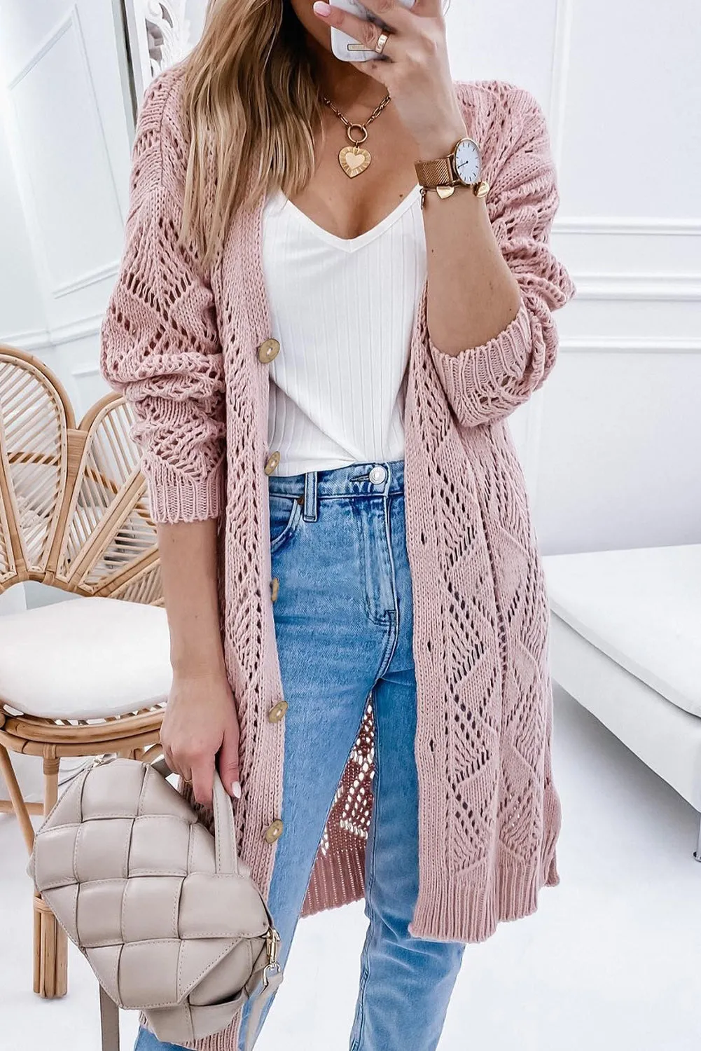 Women's Solid Color Hollow-out Openwork Knit Cardigan