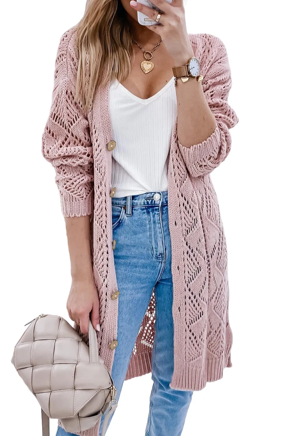 Women's Solid Color Hollow-out Openwork Knit Cardigan