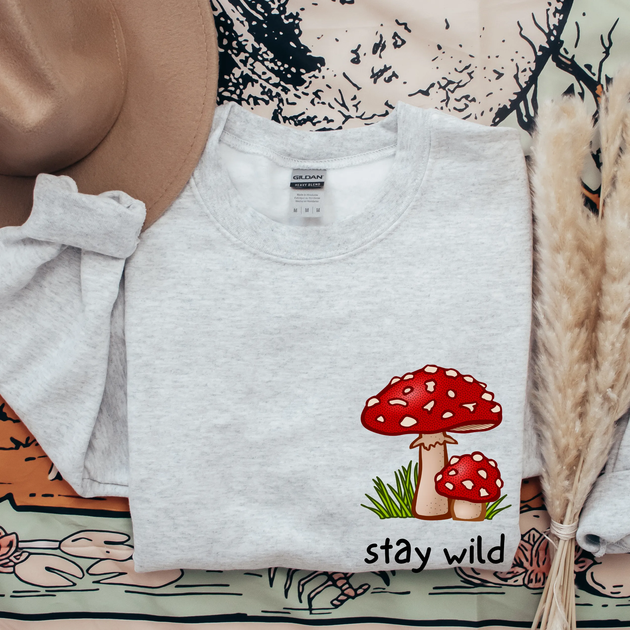 Women's Stay Wild Sweatshirt Retro Mushroom on a Soft, Cozy Pullover Unisex Size in White, Sand, or Ash Winter Adventure Crewneck