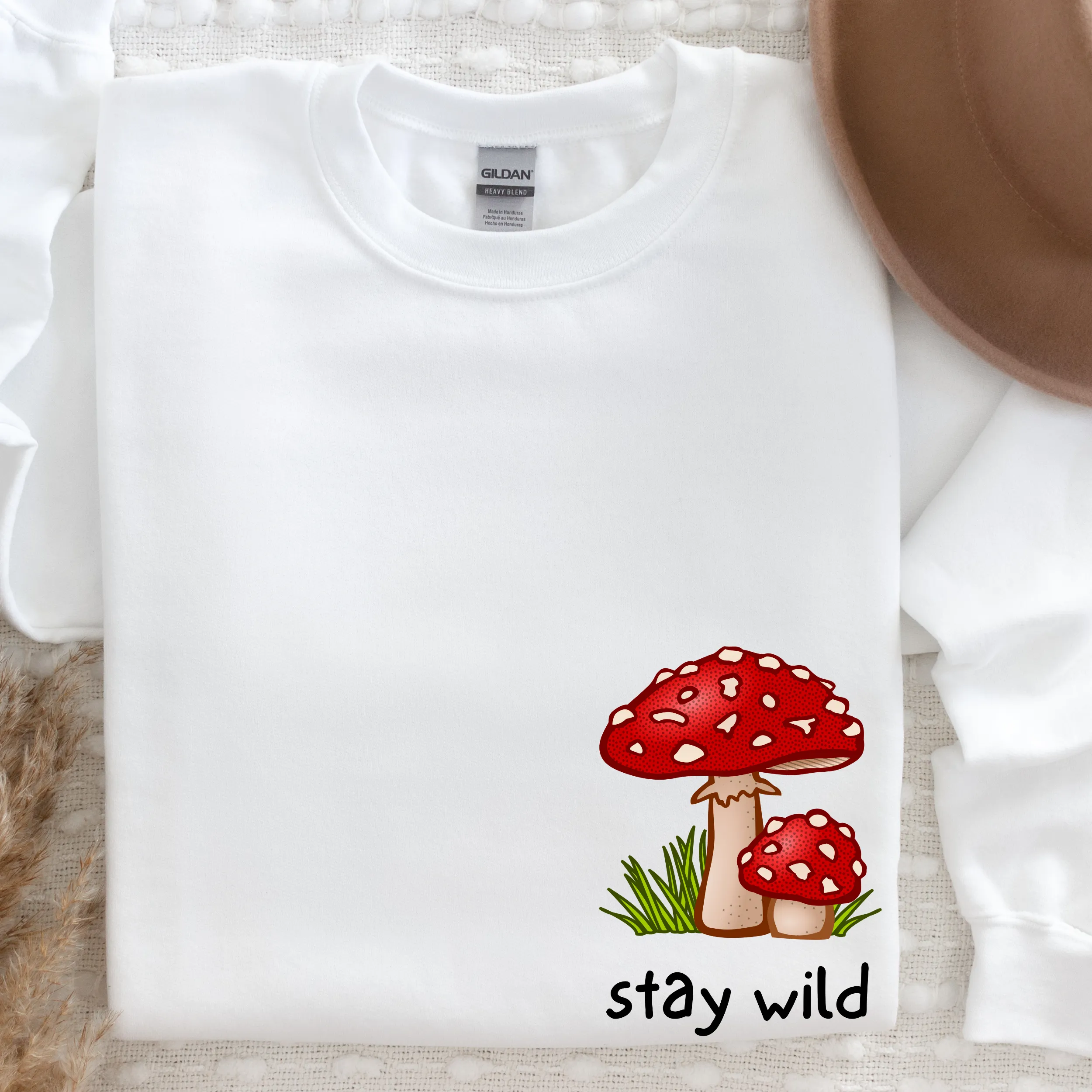 Women's Stay Wild Sweatshirt Retro Mushroom on a Soft, Cozy Pullover Unisex Size in White, Sand, or Ash Winter Adventure Crewneck