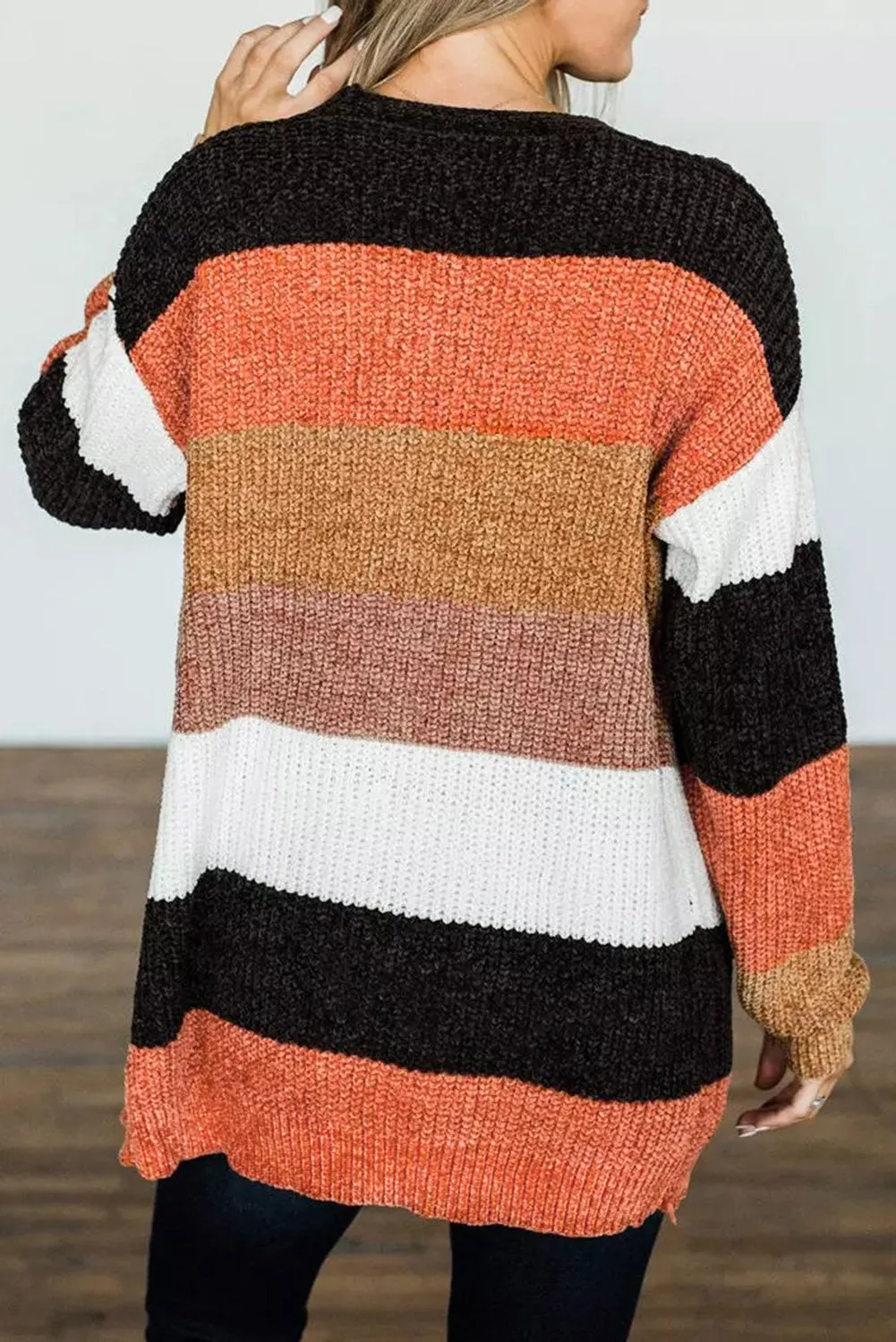 Women's Striped Color Block Open Front Cardigan with Pockets