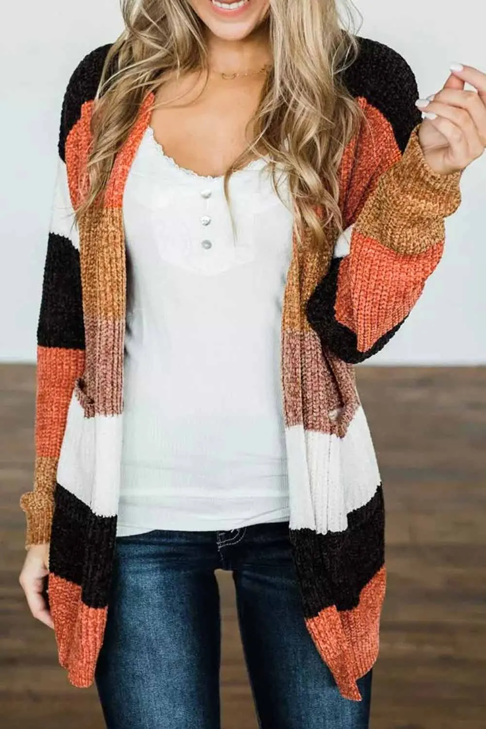 Women's Striped Color Block Open Front Cardigan with Pockets