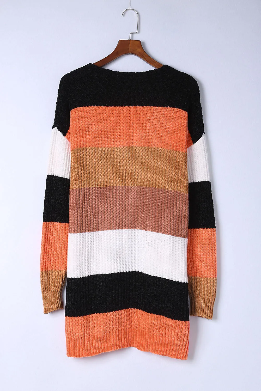 Women's Striped Color Block Open Front Cardigan with Pockets