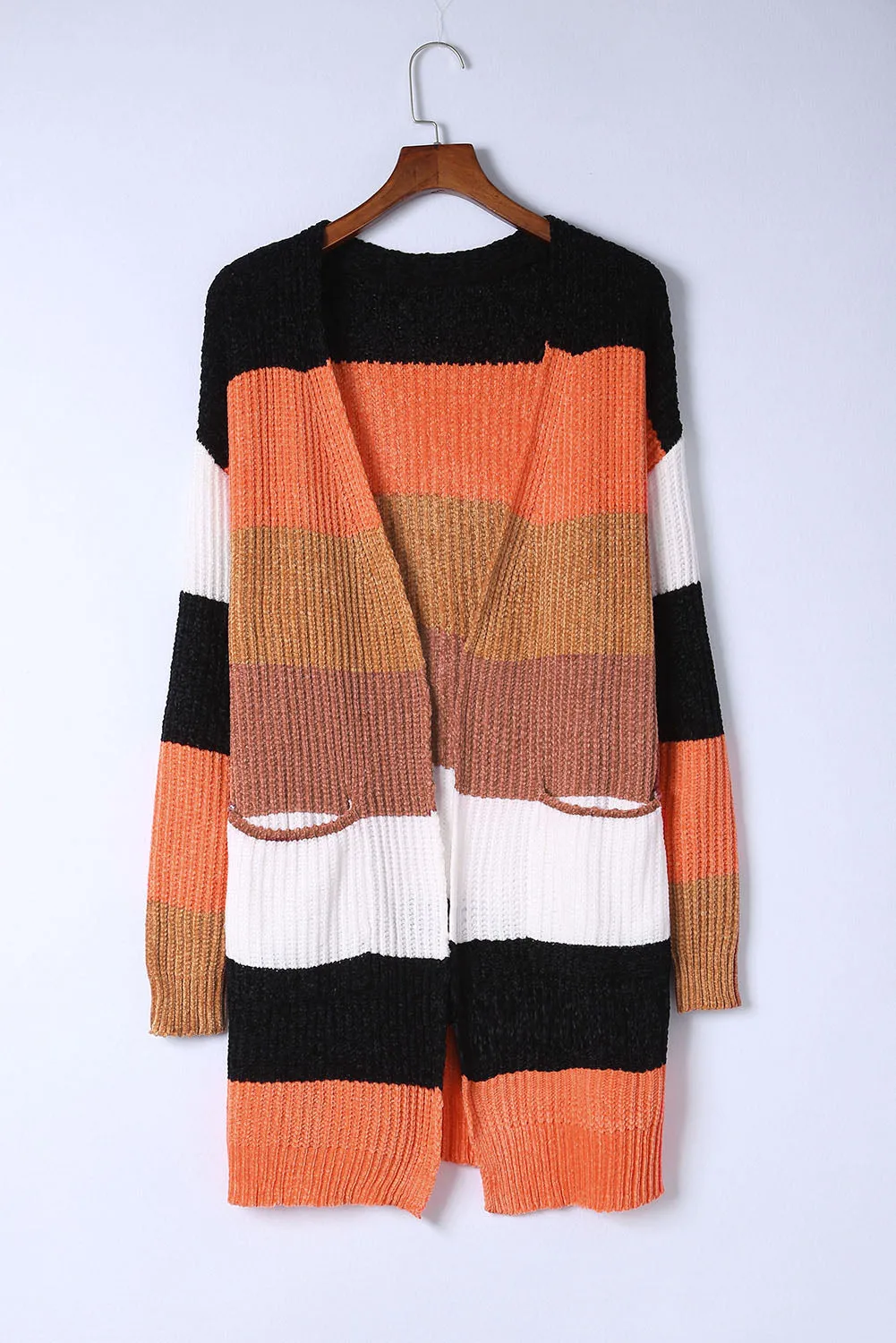 Women's Striped Color Block Open Front Cardigan with Pockets