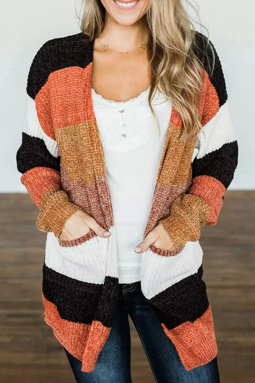 Women's Striped Color Block Open Front Cardigan with Pockets