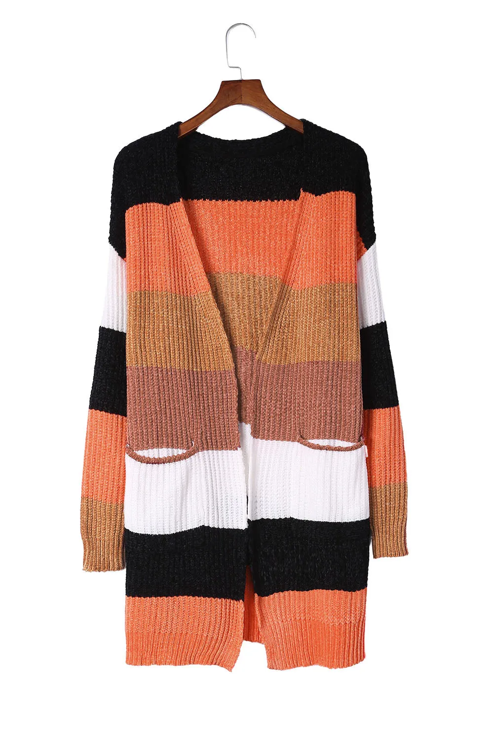 Women's Striped Color Block Open Front Cardigan with Pockets